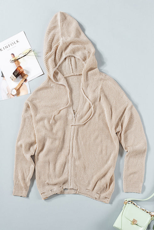 Zipper V-Neck Dropped Sleeve Hooded Solid Sweater